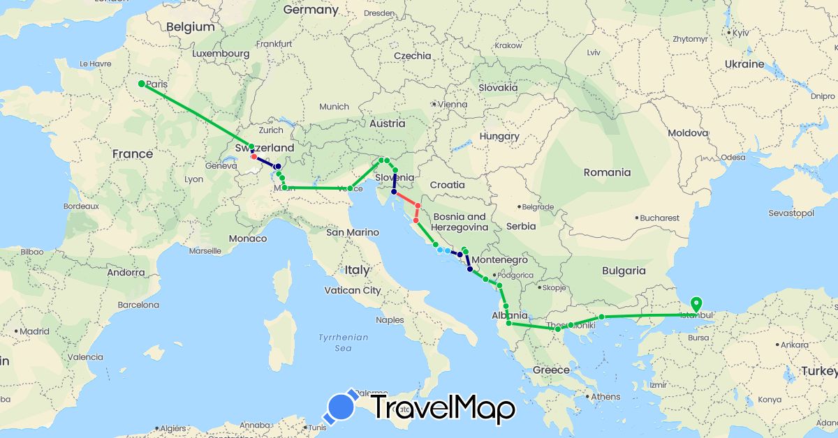 TravelMap itinerary: driving, bus, hiking, boat in Albania, Bosnia and Herzegovina, Switzerland, France, Greece, Croatia, Italy, Montenegro, Slovenia, Turkey (Asia, Europe)